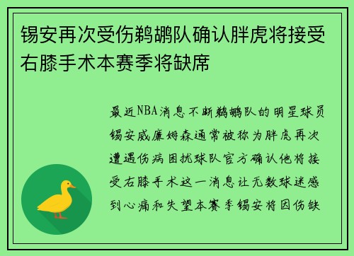锡安再次受伤鹈鹕队确认胖虎将接受右膝手术本赛季将缺席